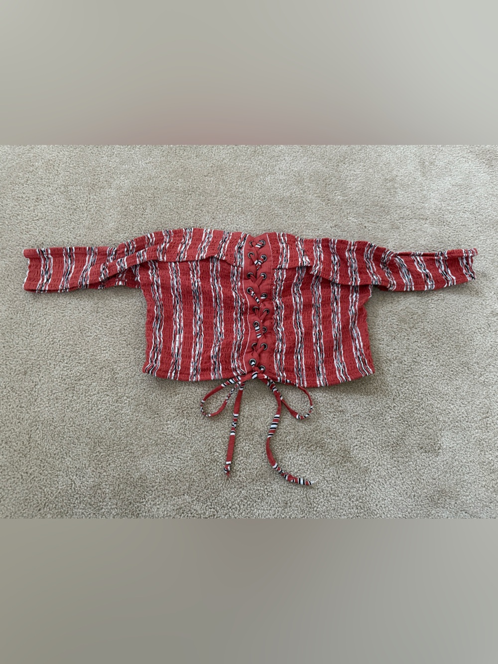 Red Striped Off the Shoulder Lace-Up Top